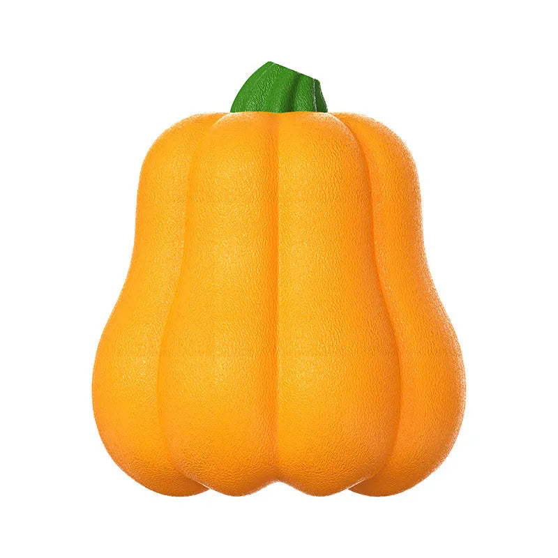 Orange pumpkin-shaped plastic dog chew toy with blue rope attached for tugging and fetching