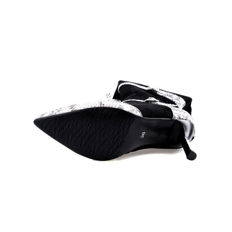 Grey and black women's knee high boots with thin 9cm high heels on a rubber sole.