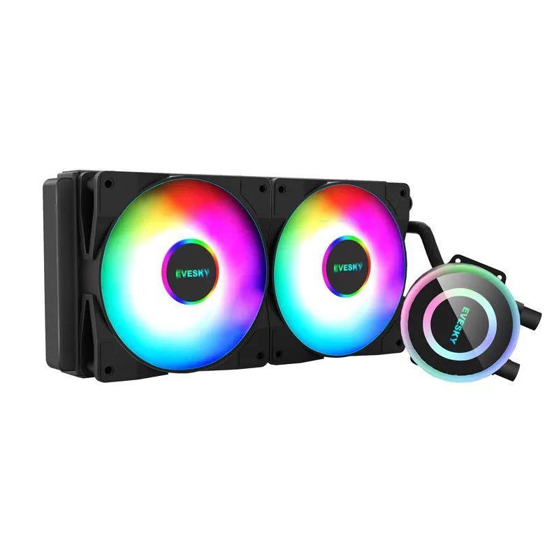 Aluminium CPU radiator with RGB fan, showing multi-angle adjustment and clean design for PC cooling.