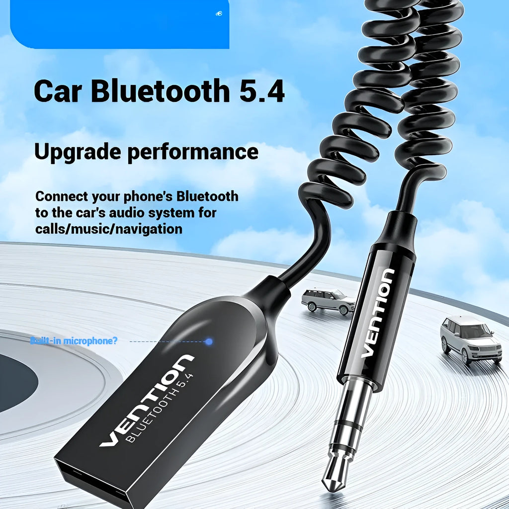 USB car Bluetooth audio receiver with zinc alloy USB plug, copper 3.5mm jack, and black PU-coated cable.