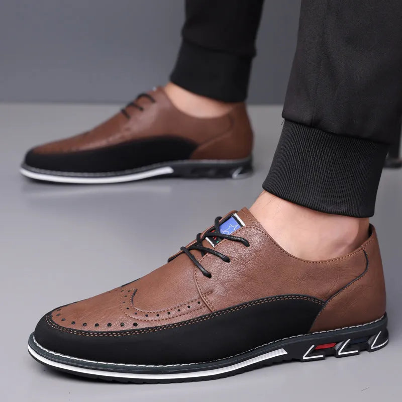 Men's leather casual shoes in black, grey, khaki, or orange with rubber sole and low-top design
