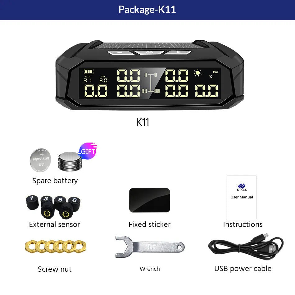 Solar external tire pressure monitor display with six sensors for RV and truck use