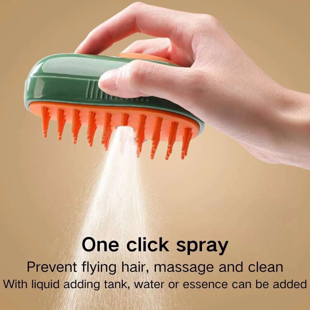 Green and white cat steam brush with water spray function and silicone grooming teeth