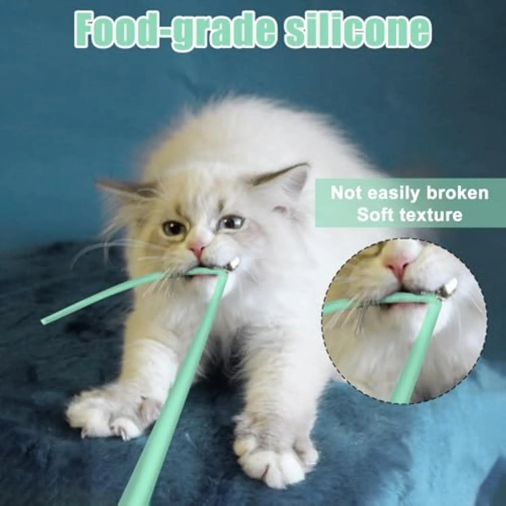 Rechargeable automatic cat toy wand with green silicone swinging tails for indoor cat play