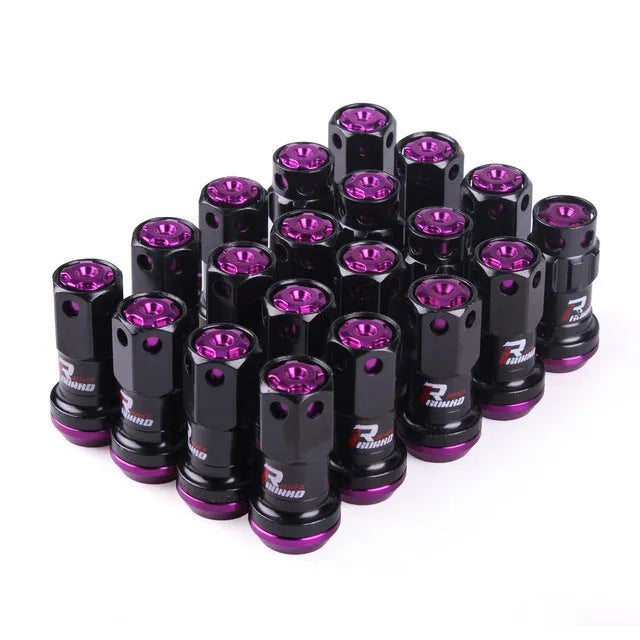 Aluminium alloy automobile wheel hub nut in assorted colours including red, gold, blue, purple, and black combinations.