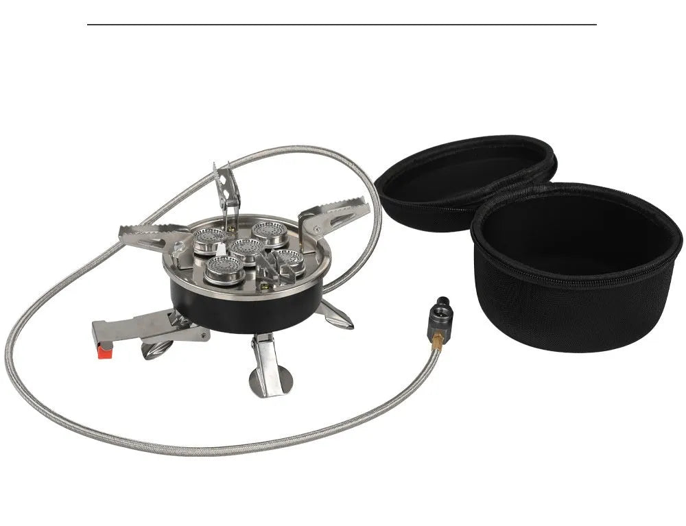 Silver stainless steel split camping stove with 100cm hose, folded dimensions 155x125mm