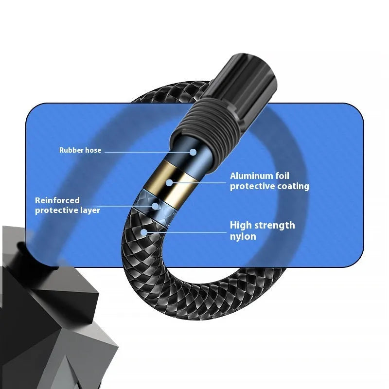 Black portable 12V car tyre inflator with digital display and LED light on hose.