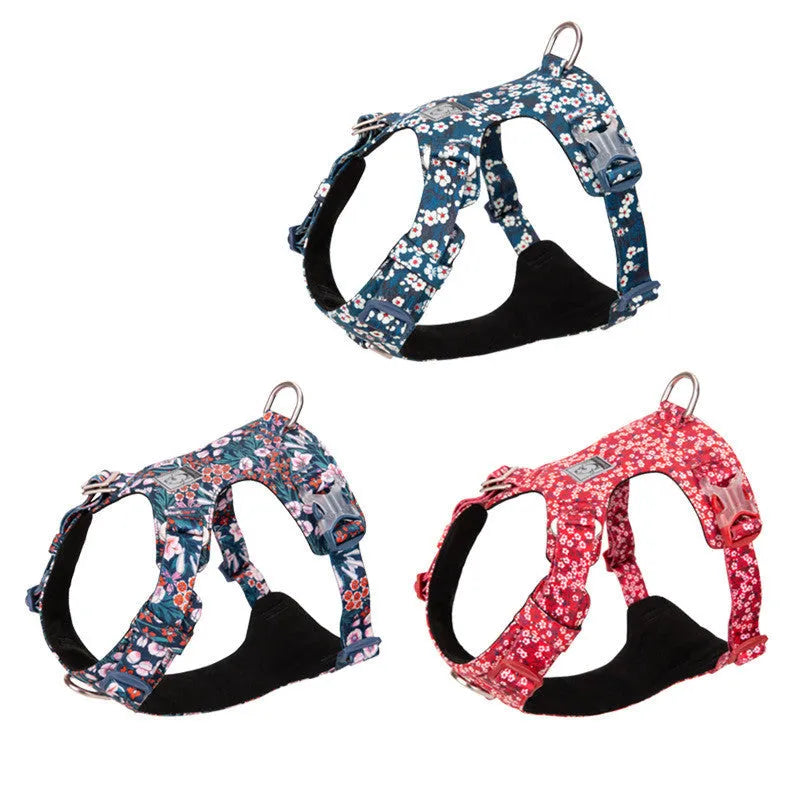 Pure cotton pet chest strap in floral red pattern with anti-pull design for small dogs