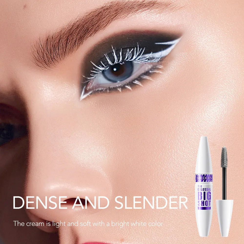 White waterproof fibre mascara in a 10ML tube for curling and shaping eyelashes.