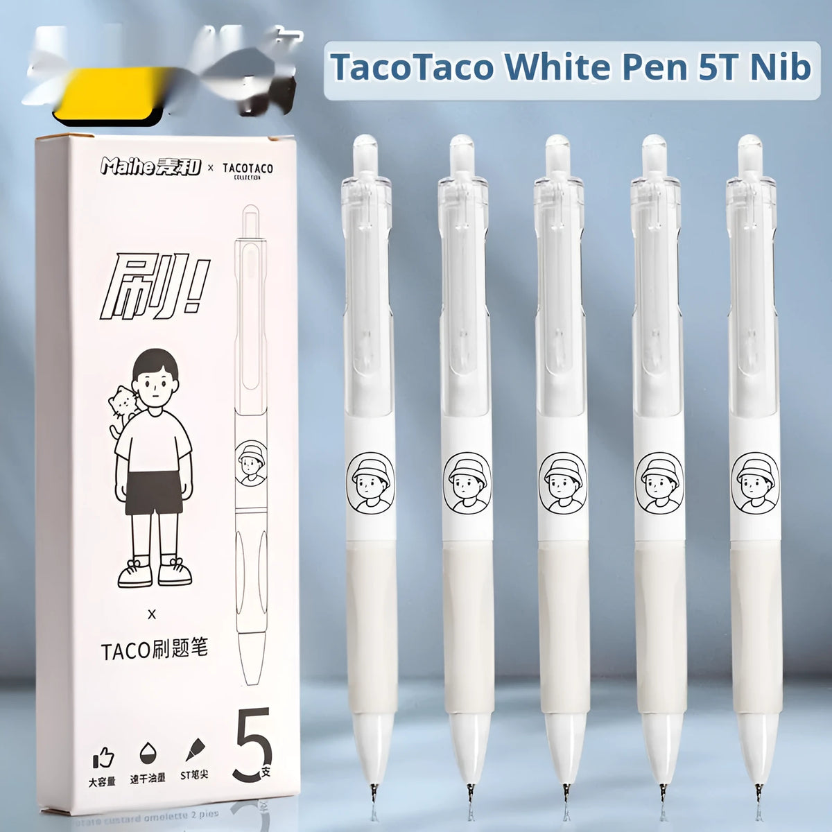 Five Taco brand ballpoint pens with 0.5mm black ink refills arranged together