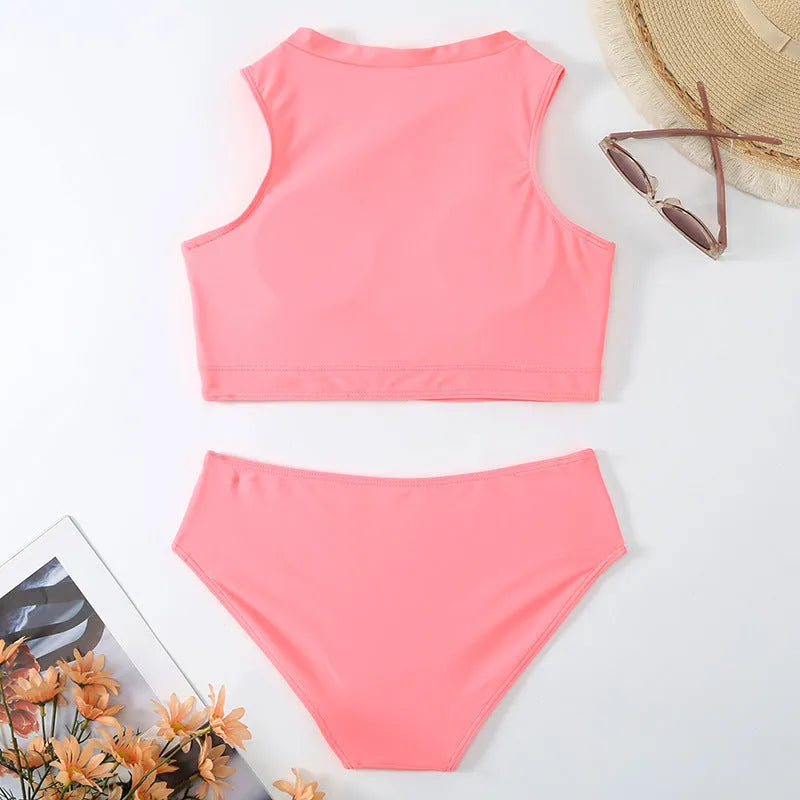 Pink high waist split bikini swimsuit with seamless briefs design on mannequin