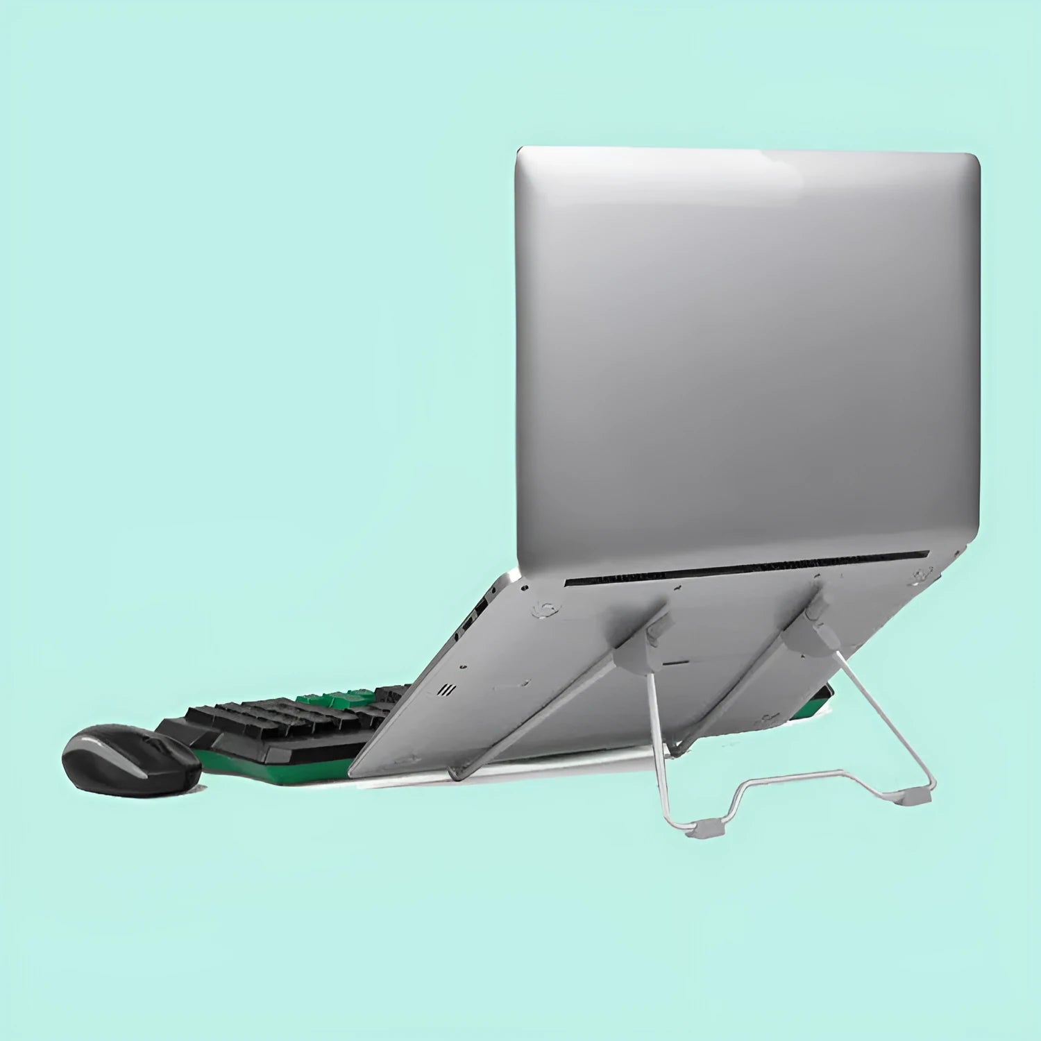 Grey aluminium and plastic adjustable stand holding a mobile phone and a tablet.
