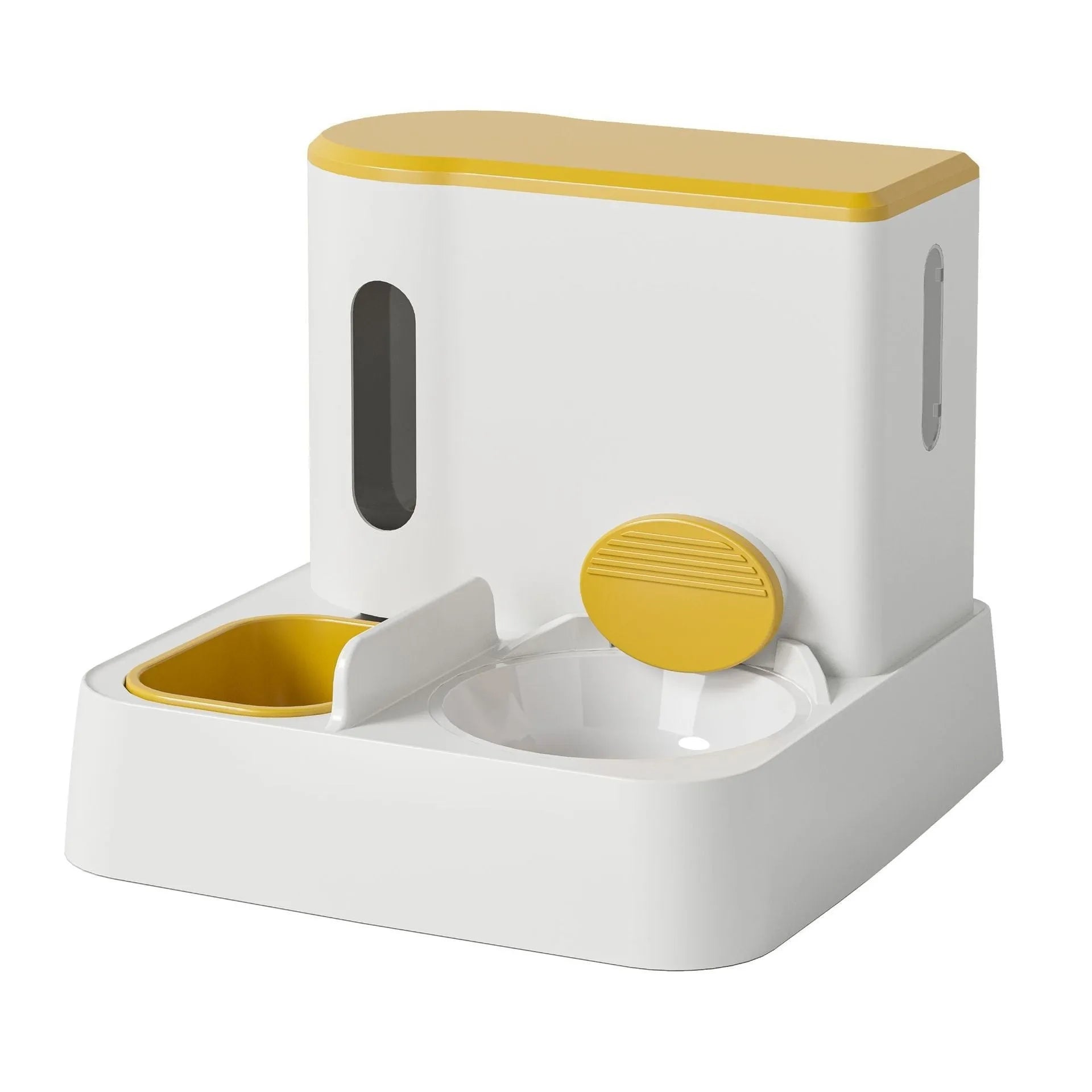 Grey automatic cat feeder and water dispenser station with integrated double bowls