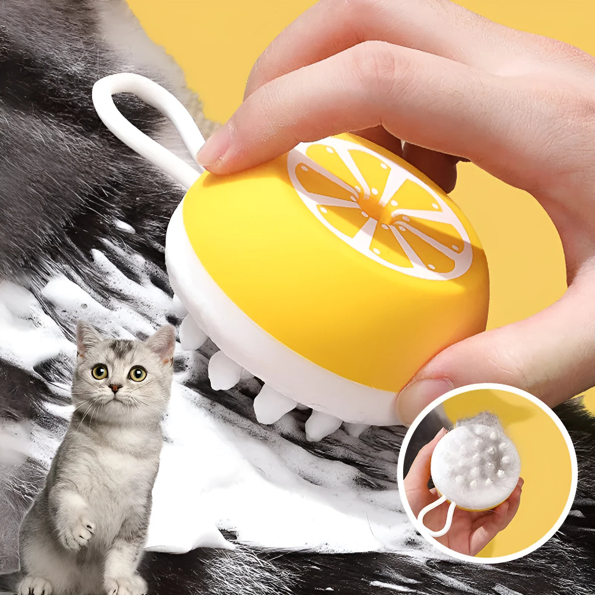 Yellow silicone pet bath brush with massage comb functions for dog and cat grooming