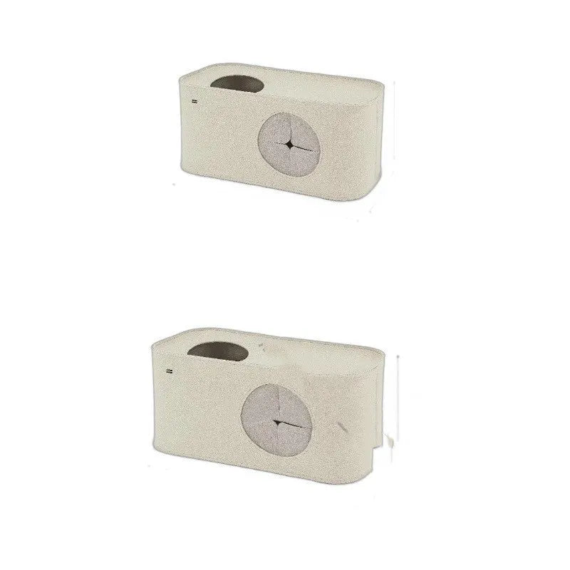 Grey foldable felt cat nest bed with raised sides, shown next to a khaki one in a larger size.
