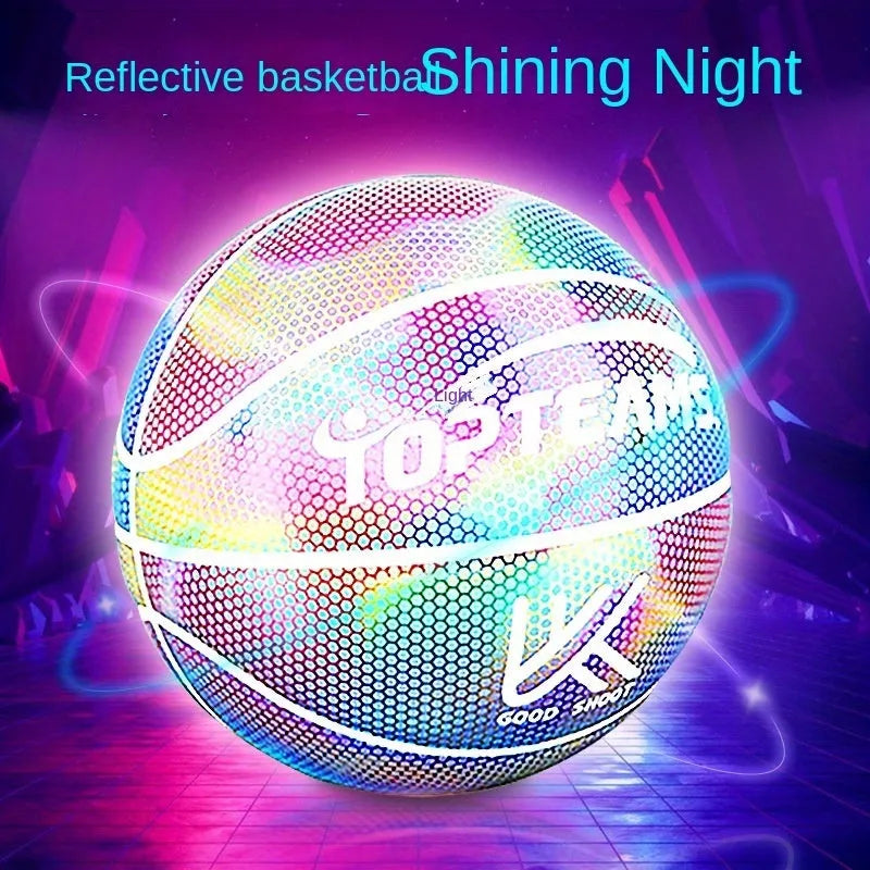 Size 7 holographic reflective basketball in chroma colour on a dark background.