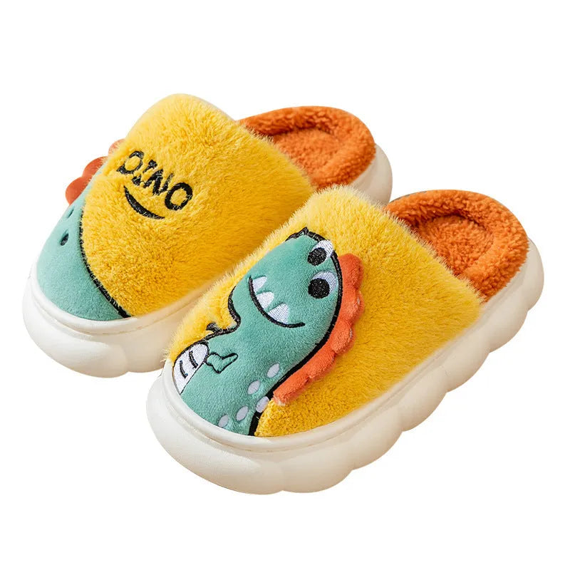 Plush cotton indoor slippers with dinosaur patterns in gray, coffee, and orange colour options
