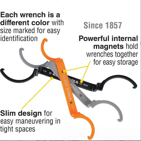 Three-piece crescent magnetic suction wrench kit in orange, gray, and black with locking mechanism.