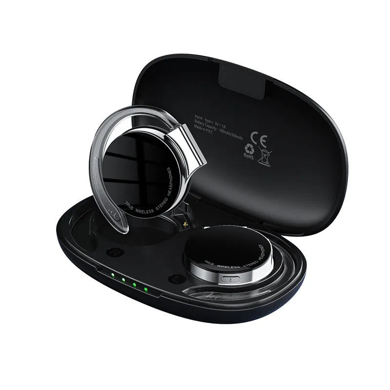 Black and white wireless Bluetooth 5.2 sports earphones with in-ear design showing NFC touchpoint.