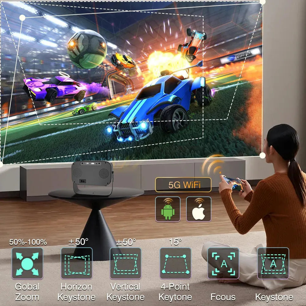Black portable HD projector with Android interface and remote control on desk