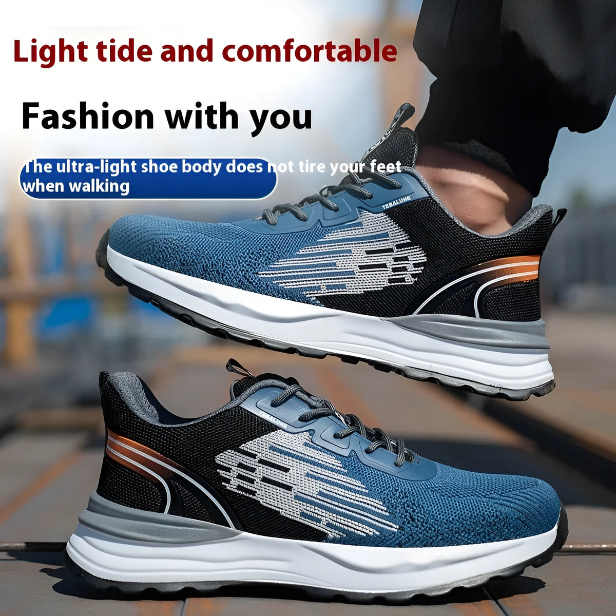 Blue men's safety work shoes with plastic toe cap and breathable flyknit mesh upper