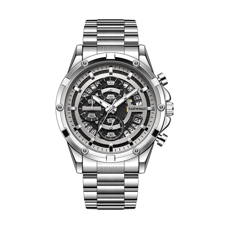 Men's waterproof luminous quartz watch with steel belt in black silver or gold surface options 10mm thickness