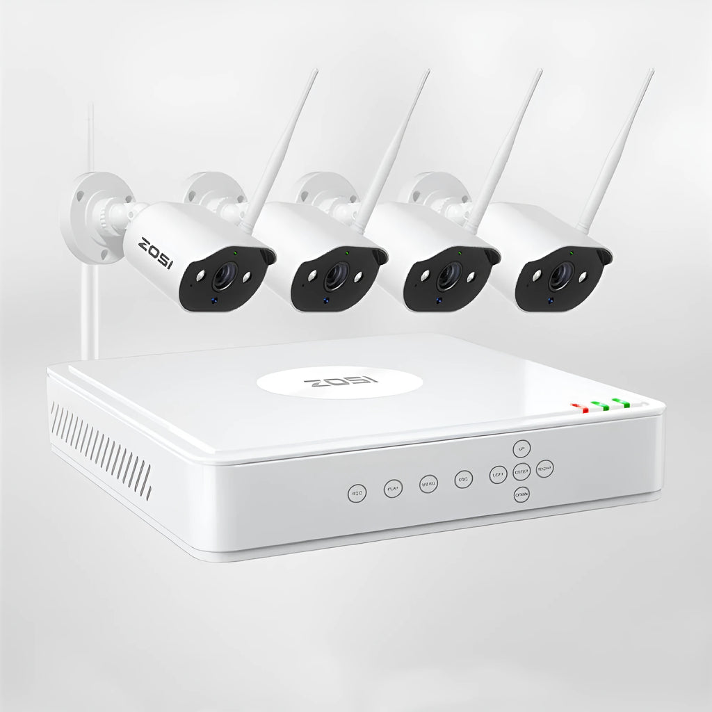 ZOSI 5MP POE security camera system with 4-channel NVR and outdoor monitor suit options