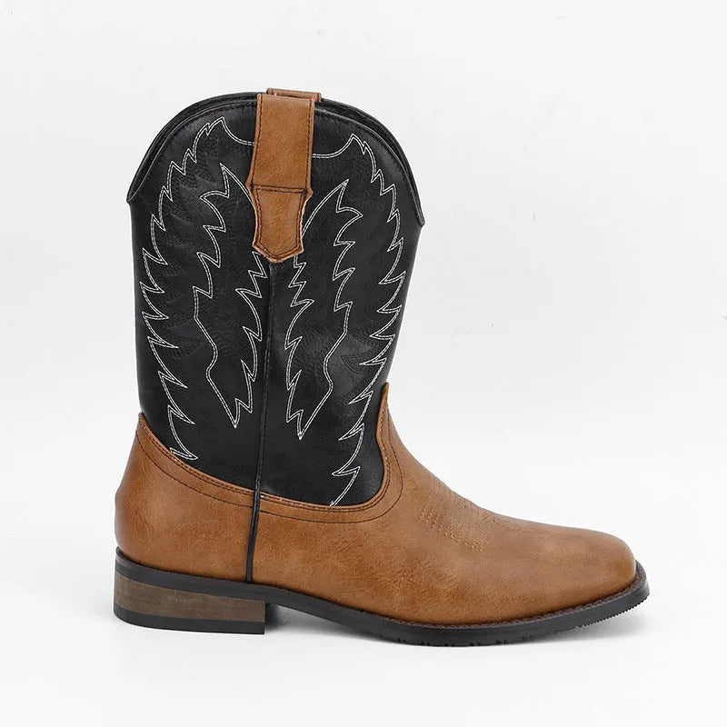 Men's black artificial leather Western-style motorcycle boots with square toe and wedge heel.