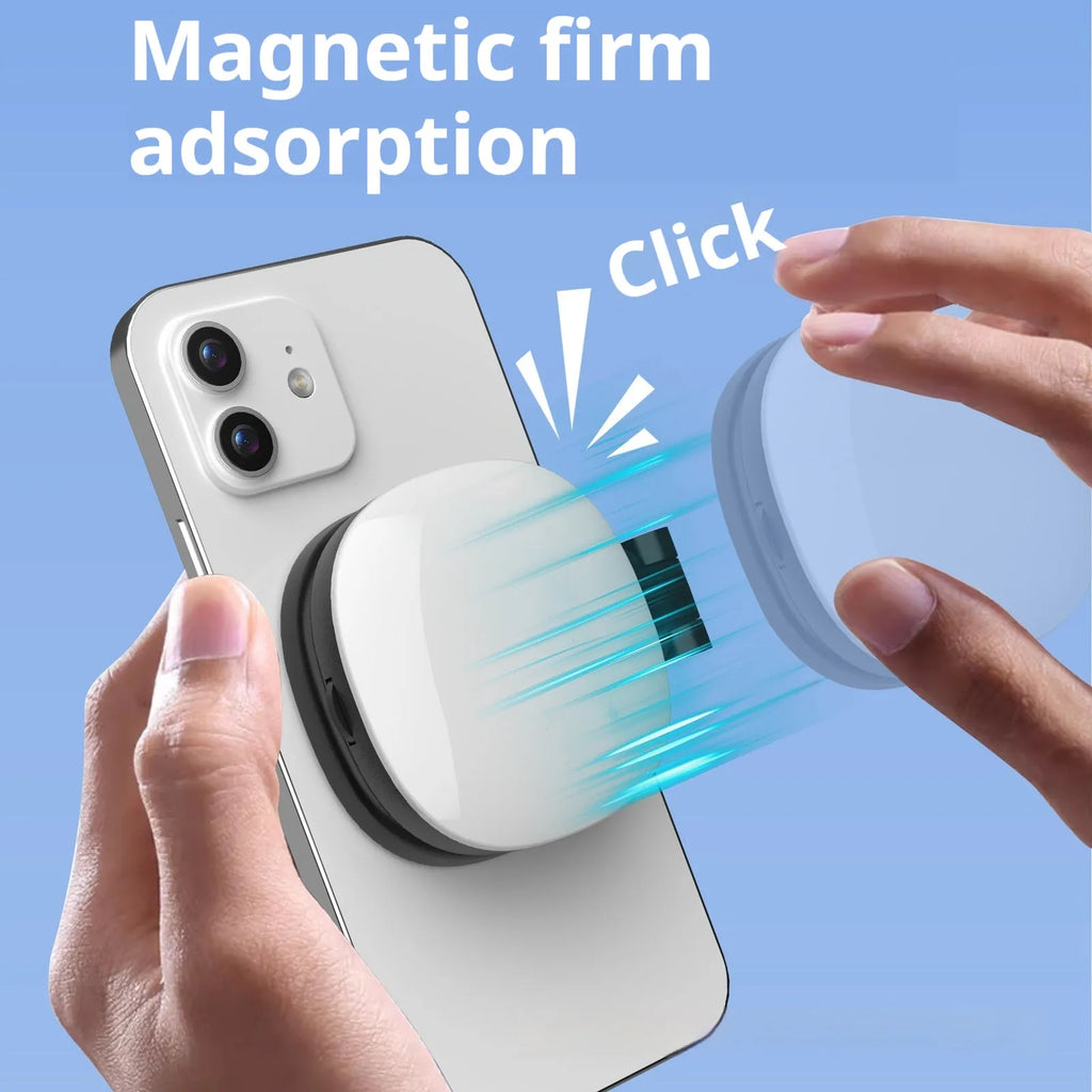 Black and white mini magnetic fill light for mobile phone with adjustable phone holder.
