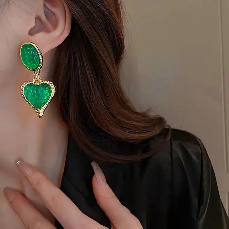 Silver needle pleated oval love heart stud earrings in purple, red, green, and yellow white colours with stainless steel posts.