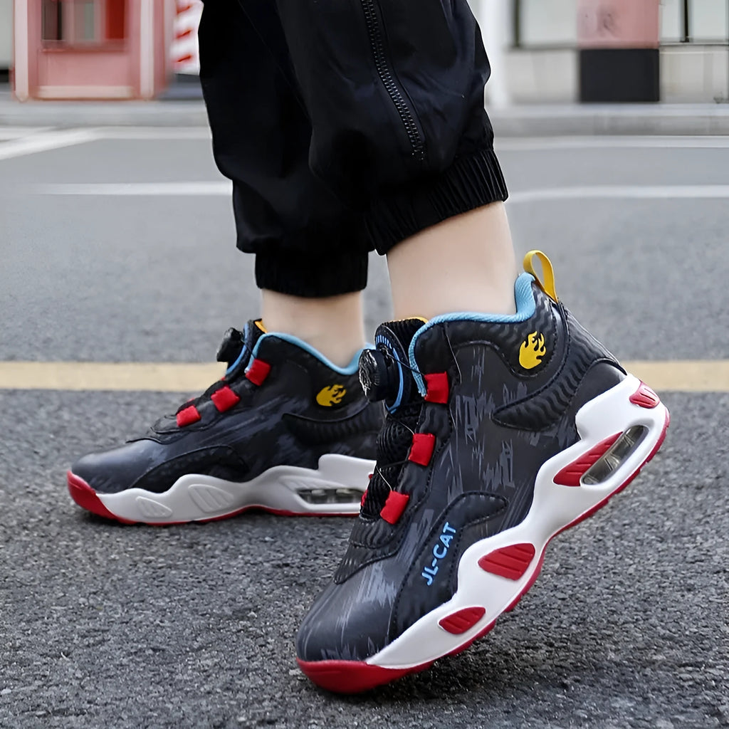 Children's rotating button basketball shoes in multiple colours with waterproof synthetic leather construction