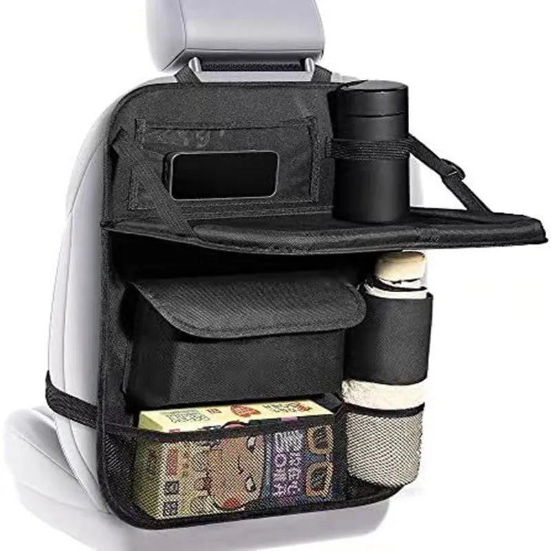 Black Oxford cloth car seat back buggy bag hanging behind vehicle headrest with 42x30cm storage capacity