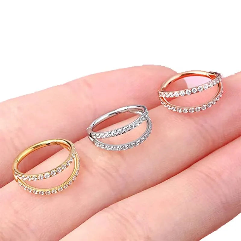 G23 titanium alloy lip nose ear rings with zircon diamond treatment in gold or steel colour