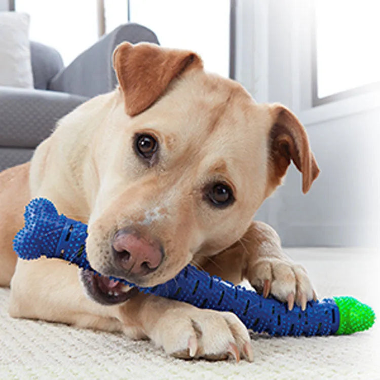 Blue silicone dog molar tooth cleaner stick with serrated brush head and treat crevice for dental care