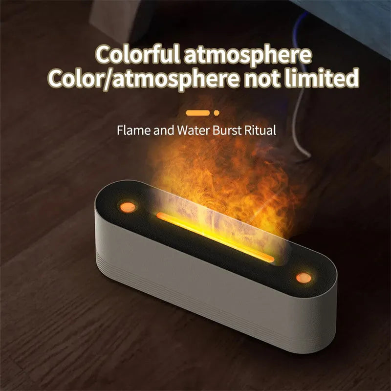 Black ultrasonic aroma diffuser with LED flame light effect emitting cool mist