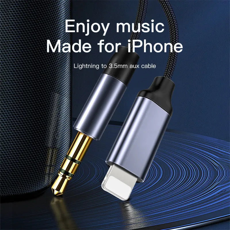 Nylon-braided audio cable with silver connector for headphone to car adapter connection.