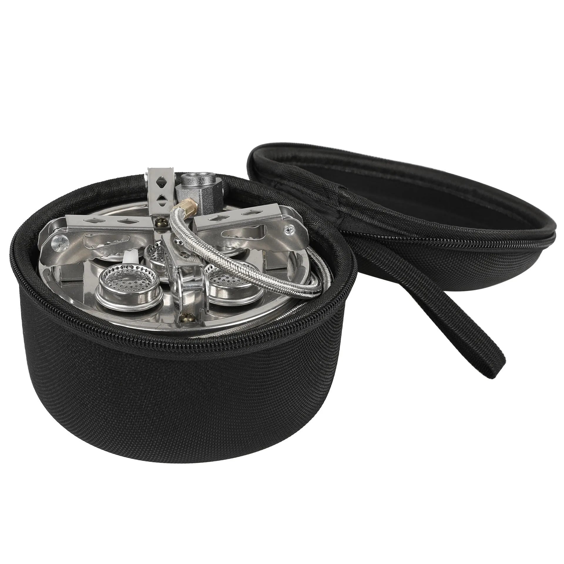 Silver stainless steel split camping stove with 100cm hose, folded dimensions 155x125mm
