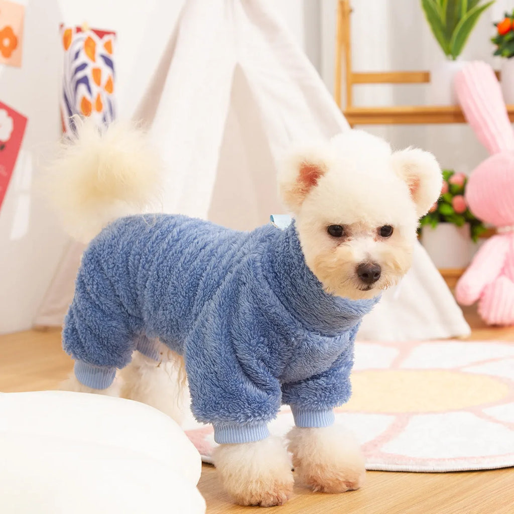 Double-sided thick plush dog clothes with high collar and towing ring in khaki colour