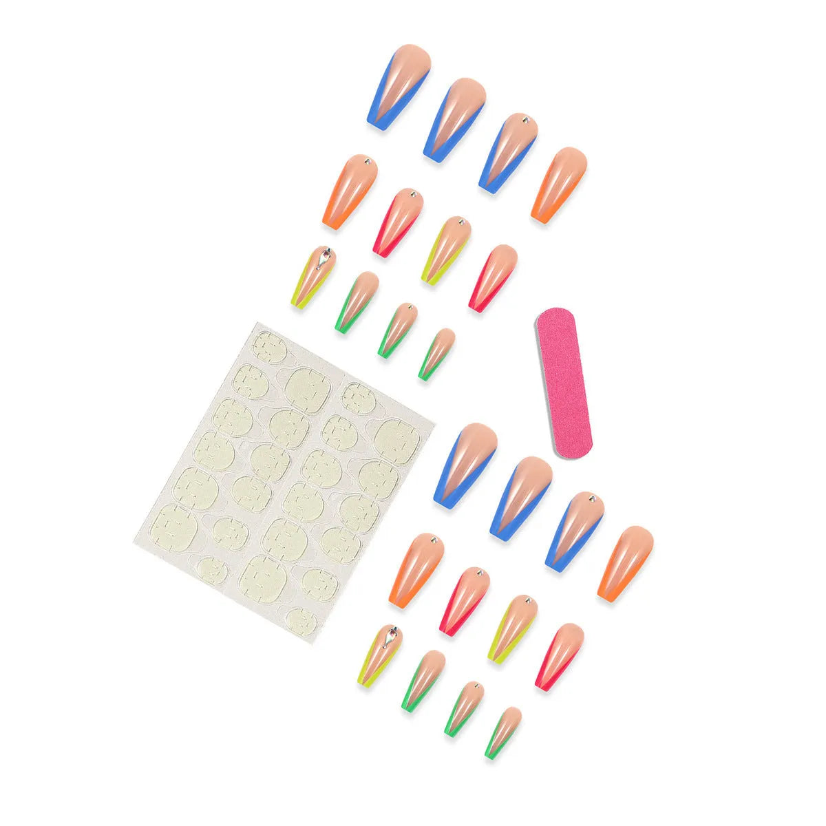 Detachable nail tip set in BKS3037 diamond colour French with cartoon, love, and cross heart patterns, shown with jelly glue and filing strip.