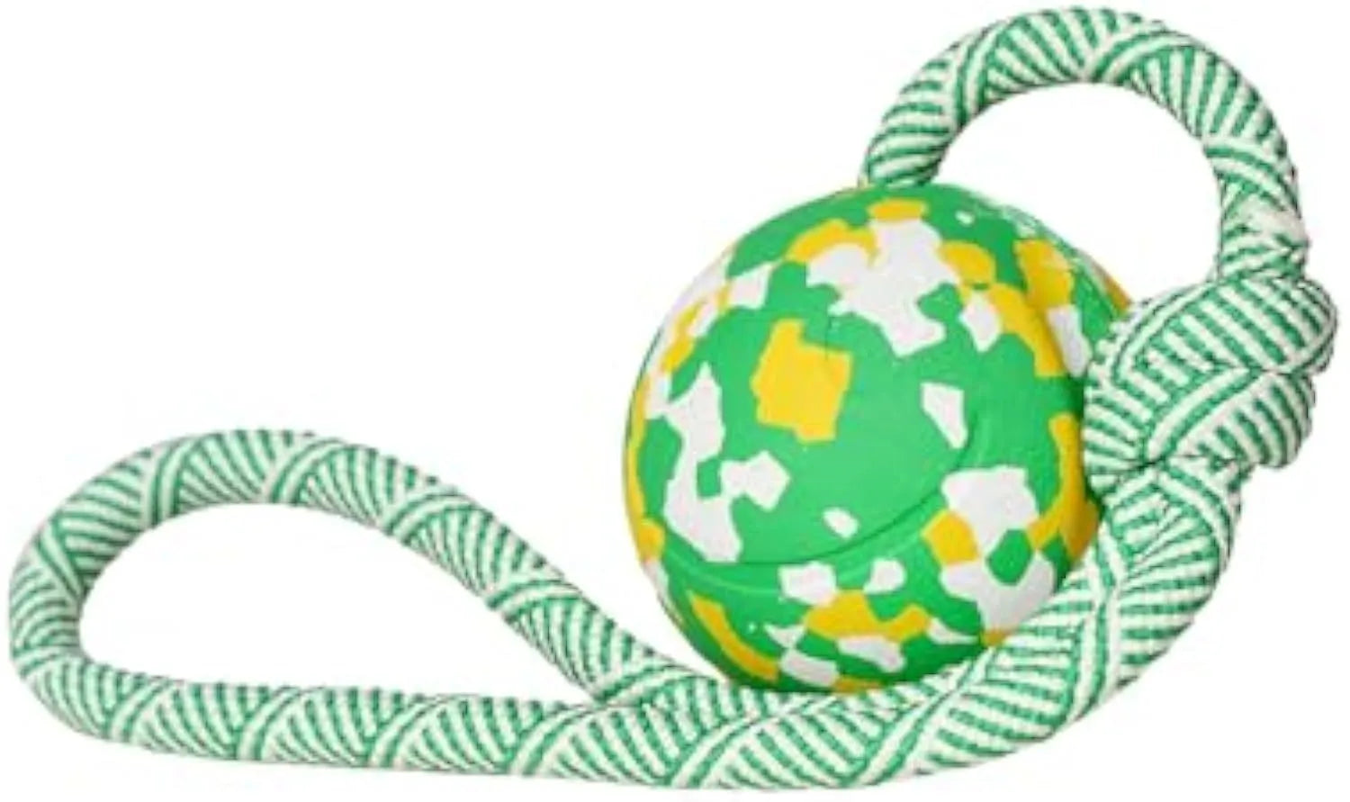 S size natural rubber dog chew ball attached to a blue nylon rope for fetch and tug toys