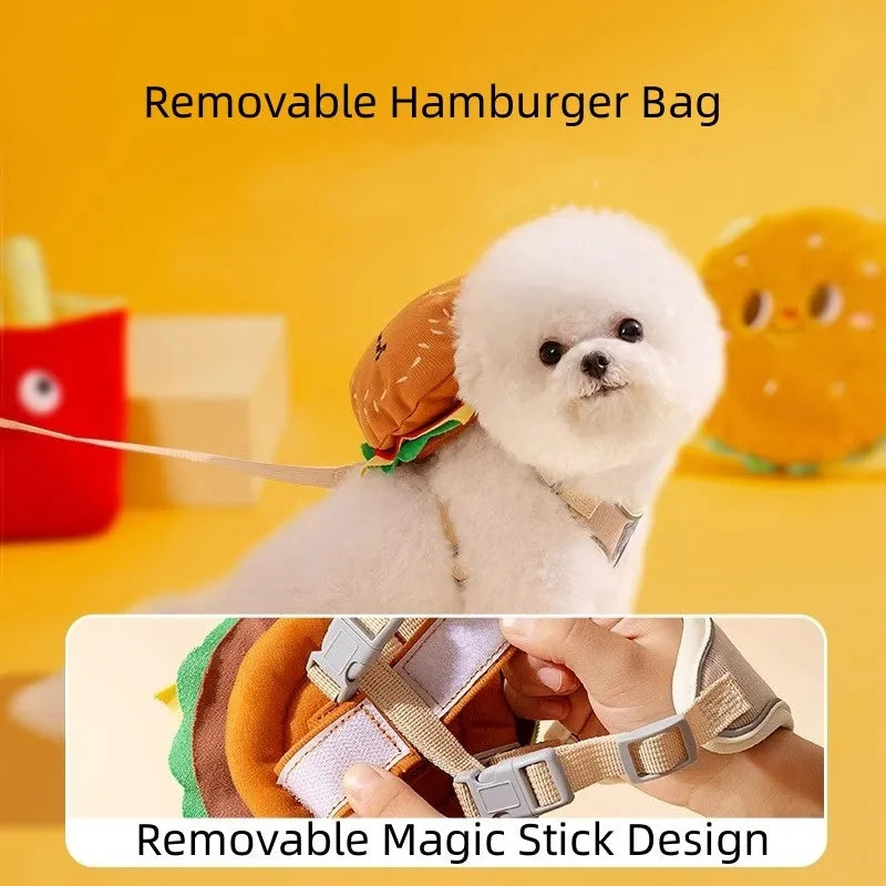Cartoon hamburger design adjustable escape-proof vest harness and leash for a dog on a walk.