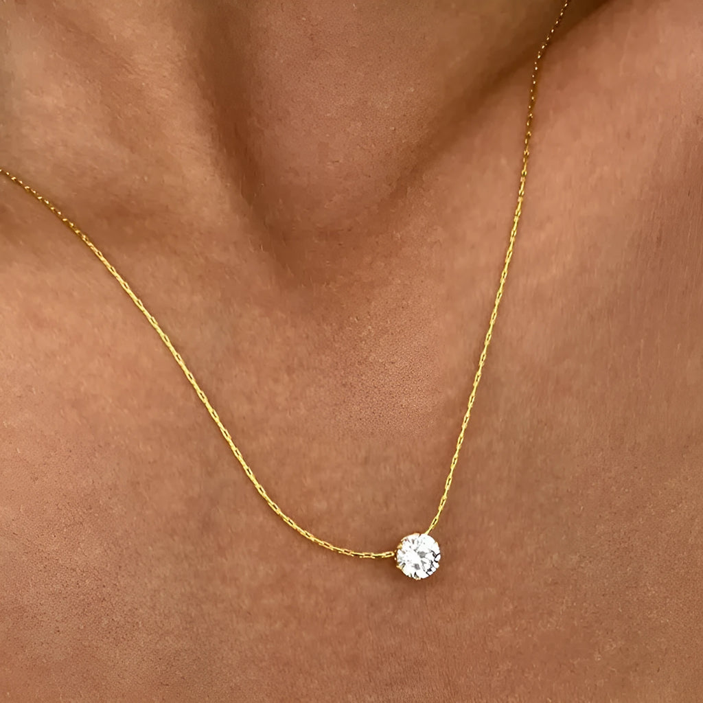 Gold titanium steel necklace with six-claw round zircon pendant, mixed gemstone inlay and bamboo chain