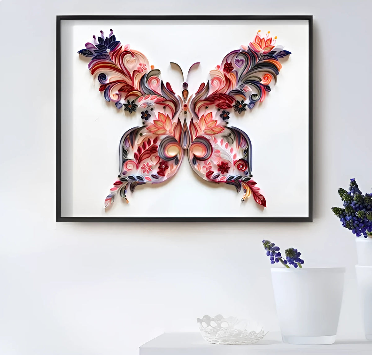 20 inch handmade quilled paper butterfly wall decoration in blue or pink with craft tools