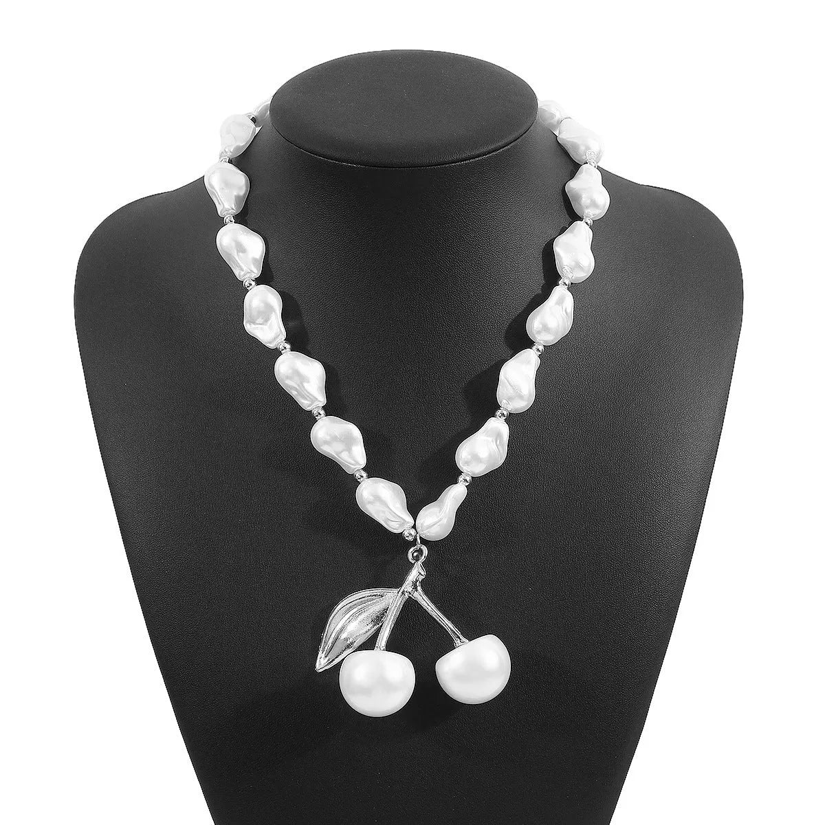 Alloy imitation pearl necklace with irregular geometric cherry fruit pendant on pearl chain