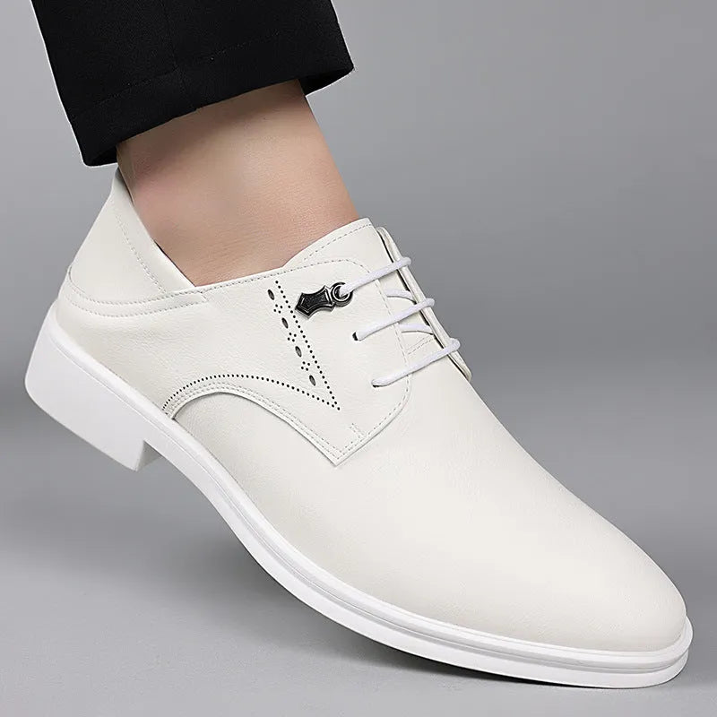 Men's pointed toe dress shoes in black or white with cow split leather upper, rubber sole, and low 1-3cm heel, sizes 38-44