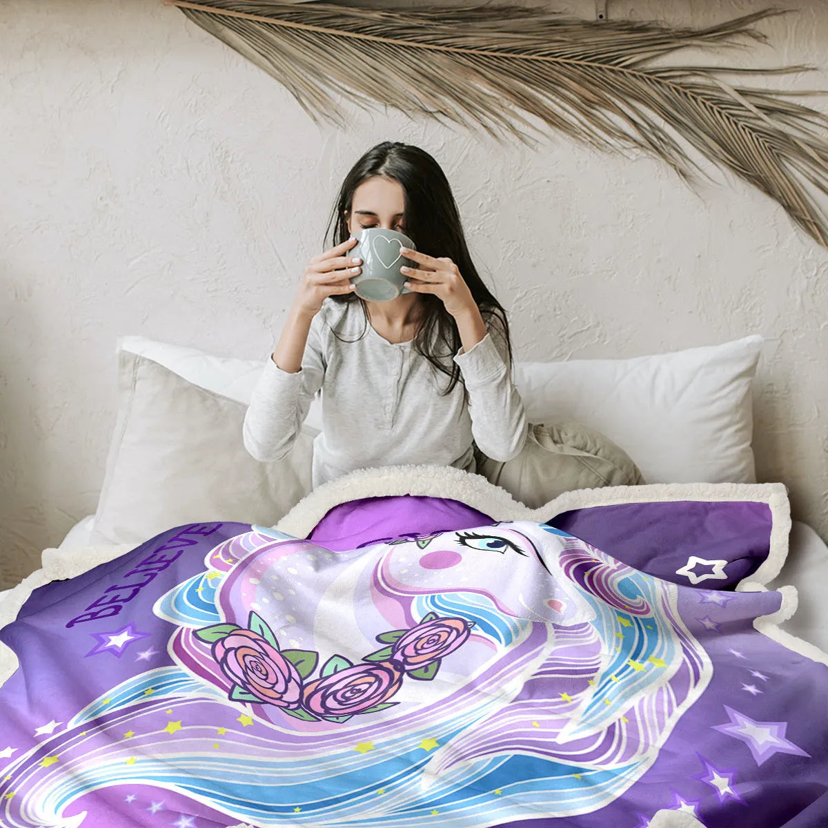 Purple unicorn Sherpa fleece blanket with hemmed edges, available in 130x150cm and 150x200cm