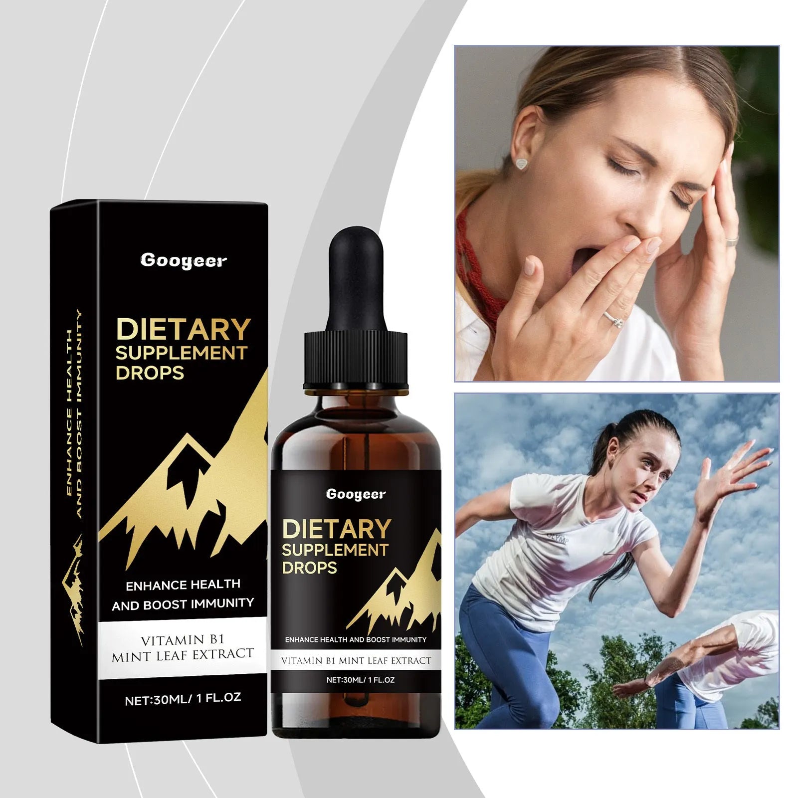 30ml bottle of clear liquid dietary supplement drops with a gluten-free, no-added-sugar label