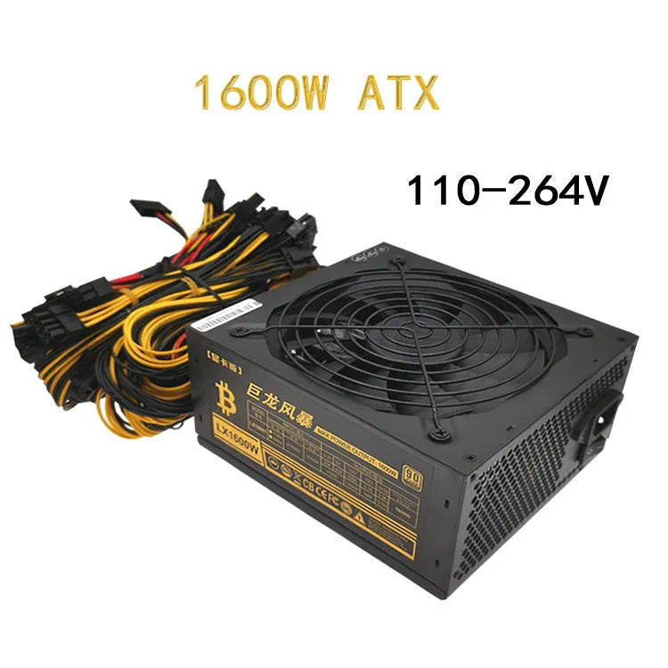 Black server power supply unit with multiple cable connectors including 12 GPU and 3 D-type ports.