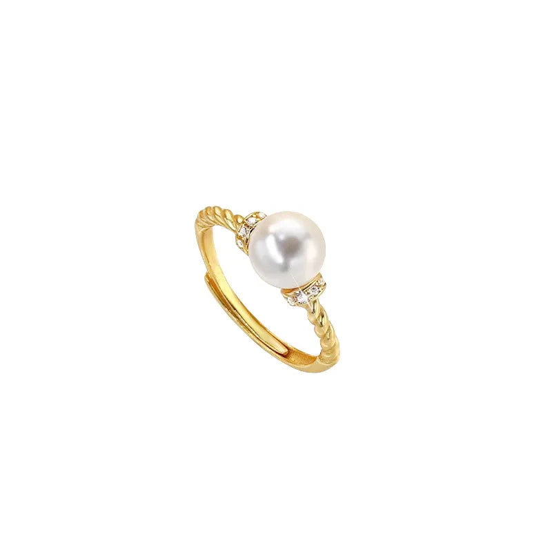 Adjustable copper antique twist pearl ring with geometric design in gold and silver finishes