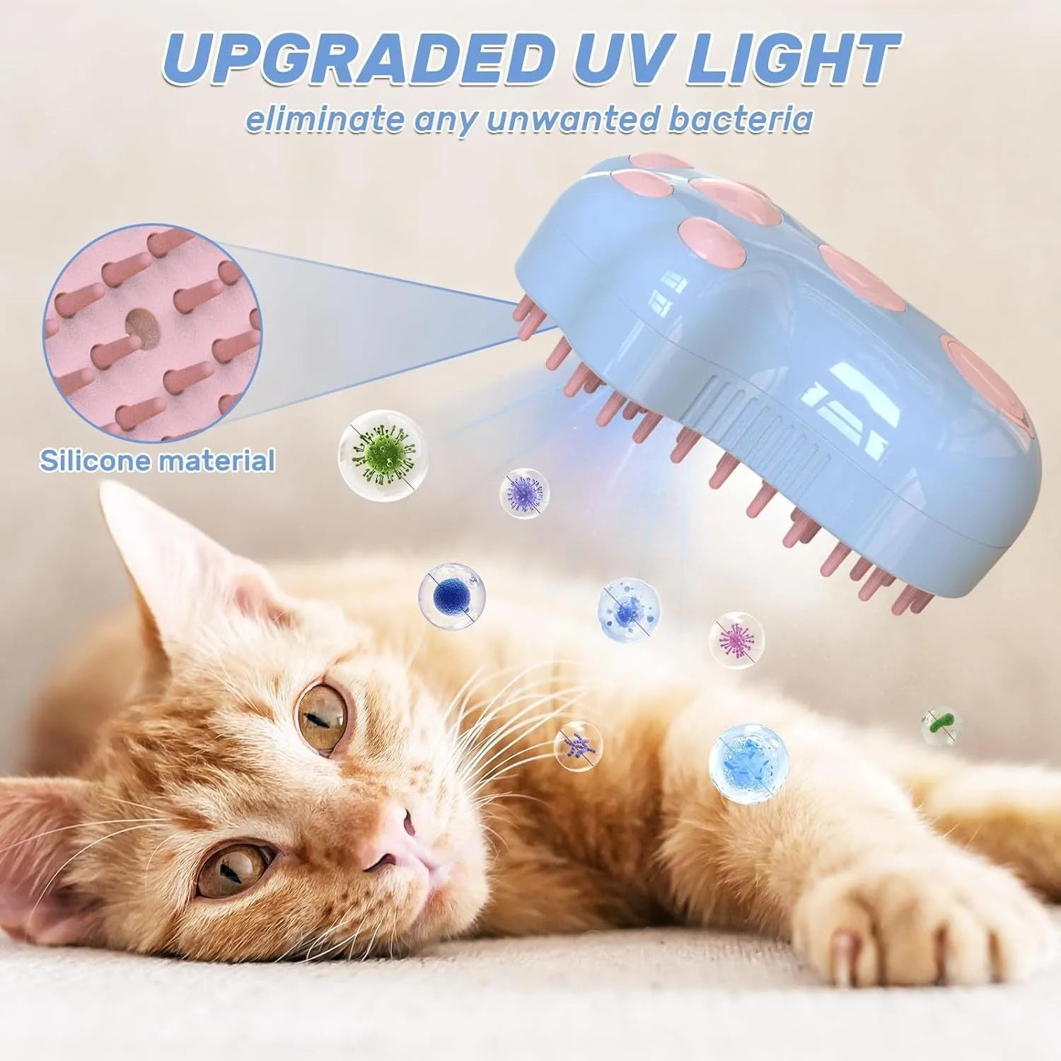 Self-cleaning cat steam brush with silicone bristles and release button in blue, green, or pink colours